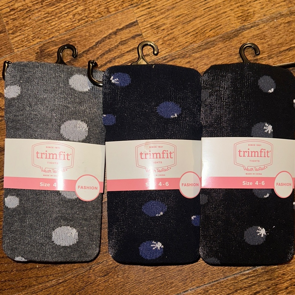 Trimfit Polka Dot Tights 3 Pairs - Gray, Navy, Black - NWT Girls 4-6